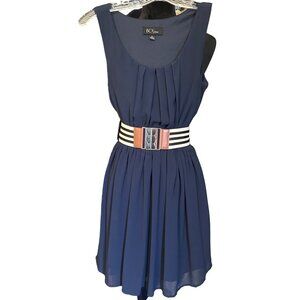 BCX Dress Navy Blue Pleated Sleeveless A-Line Dress With Striped Elastic Belt Si